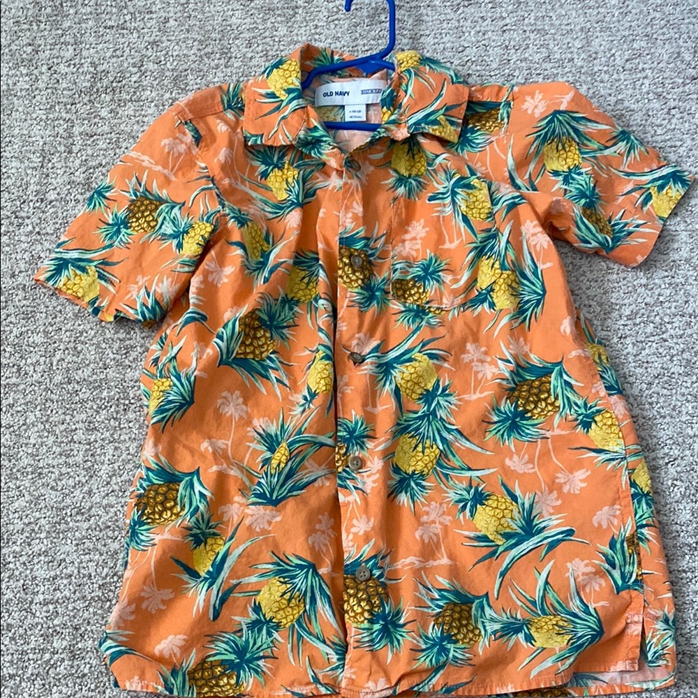 Boys Size Large Old Navy Hawaiian Shirt Orange Button Down Shirt Tropical Print